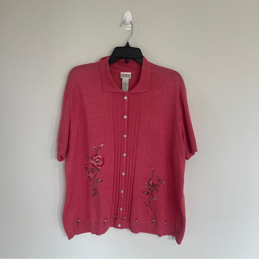 Napa Studio Pointelle Knit Floral Embroidered Cottagecore Vintage Sweater XL
